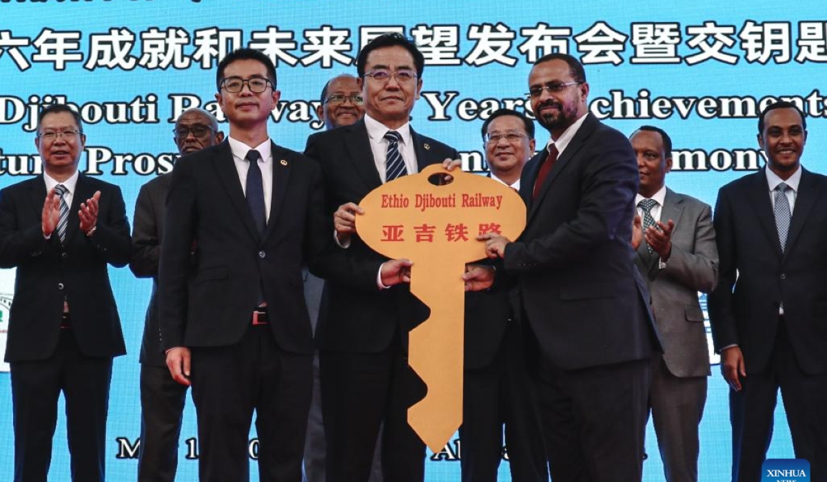 This photo taken on May 10, 2024 shows a handover ceremony held at the Lebu Railway Station in Addis Ababa, Ethiopia. The Chinese management contractors of Ethiopia-Djibouti standard gauge railway on Friday officially handed over the railway&#039;s management and operation to Ethiopia and Djibouti after six years of successful operation. (Xinhua/Liu Fangqiang)