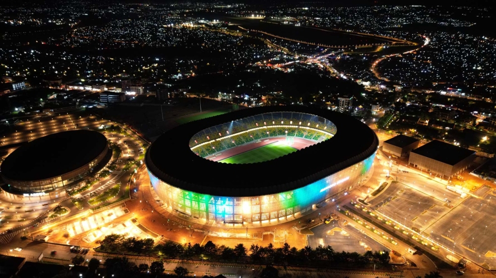 A wide aerial night view of newly upgraded Amahoro Stadium and BK Arena. The two facilities are part of the proposed Kigali Sports City. Courtesy