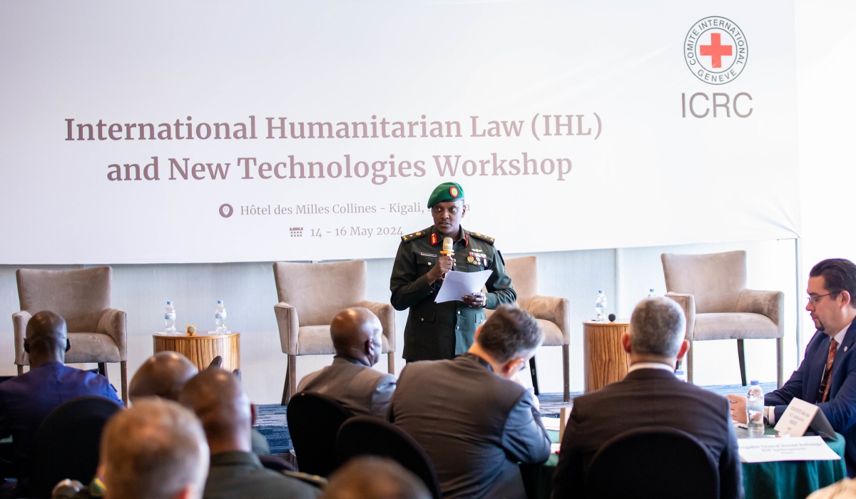 RDF Spokesperson Brig Gen Ronald Rwivanga addresses delegates during the opening session of the meeting in Kigali, on Tuesday, May 14. The meeting has brought together military and police officers from Rwanda and across Africa, government officials, peace-advocating organisations and cyber-security experts 
. Photos by Dan Gatsinzi