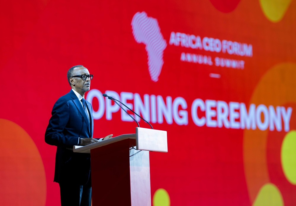 President Paul Kagame addresses delegates  at the opening ceremony of the 2024 Africa CEO Forum in Kigali on Thursday, May 16. Photo by Village Urugwiro