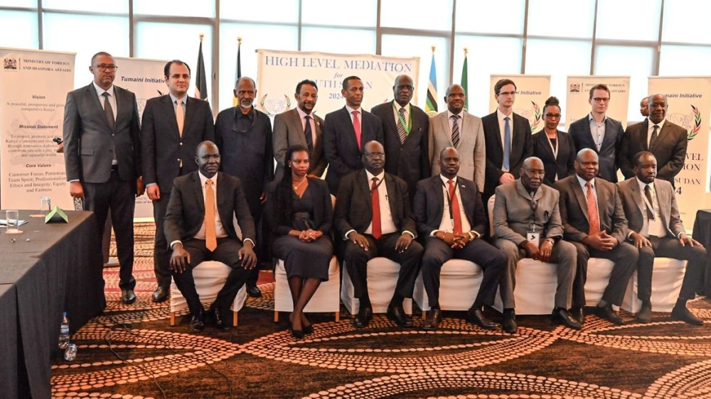 South Sudanese rebel opposition groups leaders and other officials involved in South Sudan&#039;s Tumaini Initiative peace talks pose for a picture after a signing ceremony in Nairobi, Kenya on May 16, 2024. Net photo