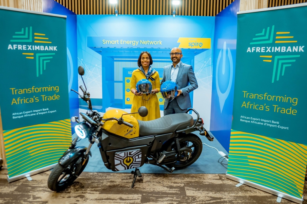 Spiro CEO, Kaushik Bruman, and Kanayo Awani, Executive Vice President of Afreximbank, pose for a photo after the signing ceremony during the Africa CEO Forum in Kigali. All photos courtesy
