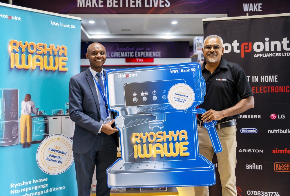 Norbert Mwanangu, General Manager of Retail and Digital Banking at I&M Bank Rwanda, and Manoj Akarah, CEO of Hotpoint, offficially launch ‘Ryoshya Iwawe’ campaign, on Friday, May 17. Photos by Emmanuel Dushimimana