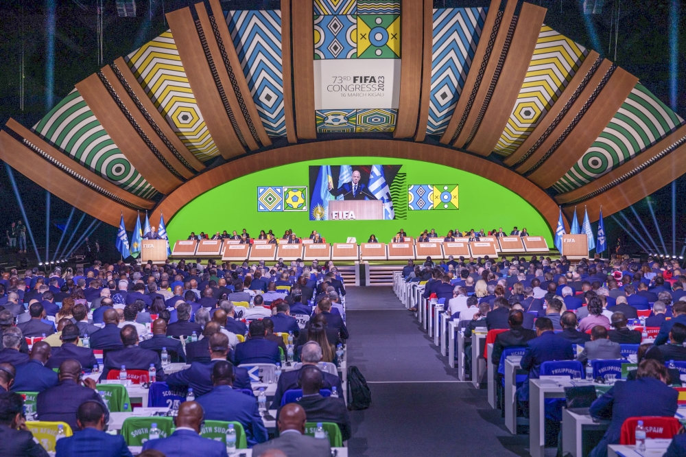 FIFA President Gianni Infantino delivers remarks after his re-elections during FIFA Congress in Kigali on March 16, 2023. Rwanda has been ranked Africa’s 2nd popular destination for conferences.   Olivier Mugwiza
