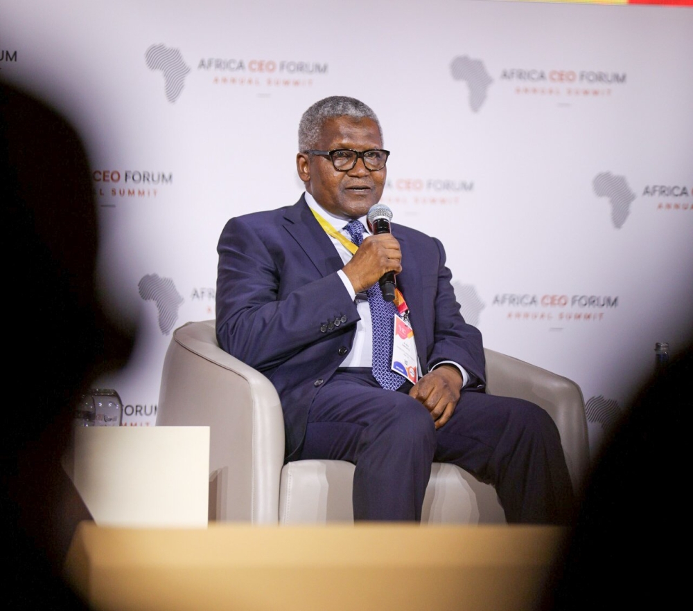 Renowned Nigerian businessman Aliko Dangote   speaks at the Africa CEO Forum in Kigali on May 17. Photo by Dan Gatsinzi