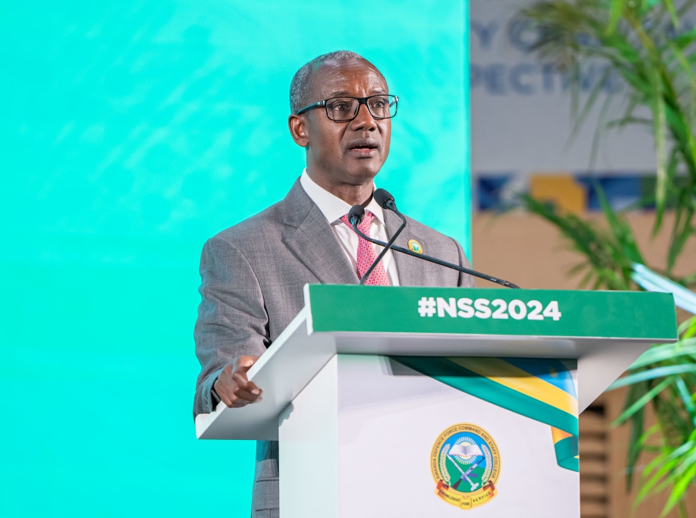 The Secretary General of Rwanda’s National Intelligence and Security Services (NISS), Maj Gen Joseph Nzabamwita delivers his remarks during the National Security Symposium in Kigali on May 22. Courtesy