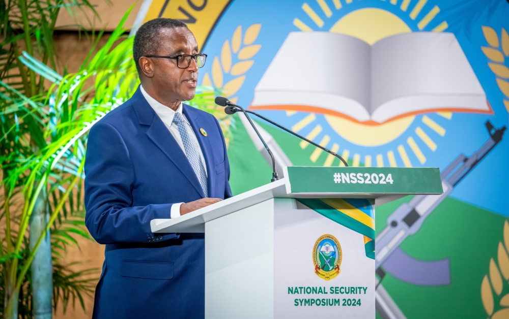 Minister of Foreign Affairs Dr Vincent Biruta addresses participants during the National Security Symposium on Friday, May 24. Courtesy