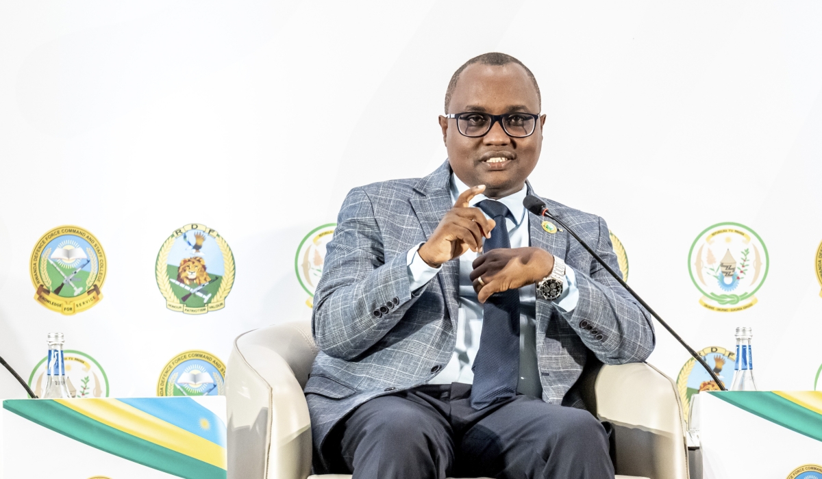 Minister of Trade and Industry, Jean Chrysostome Ngabitsinze speaks during the National Security Symposium on Friday, May 24. Courtesy