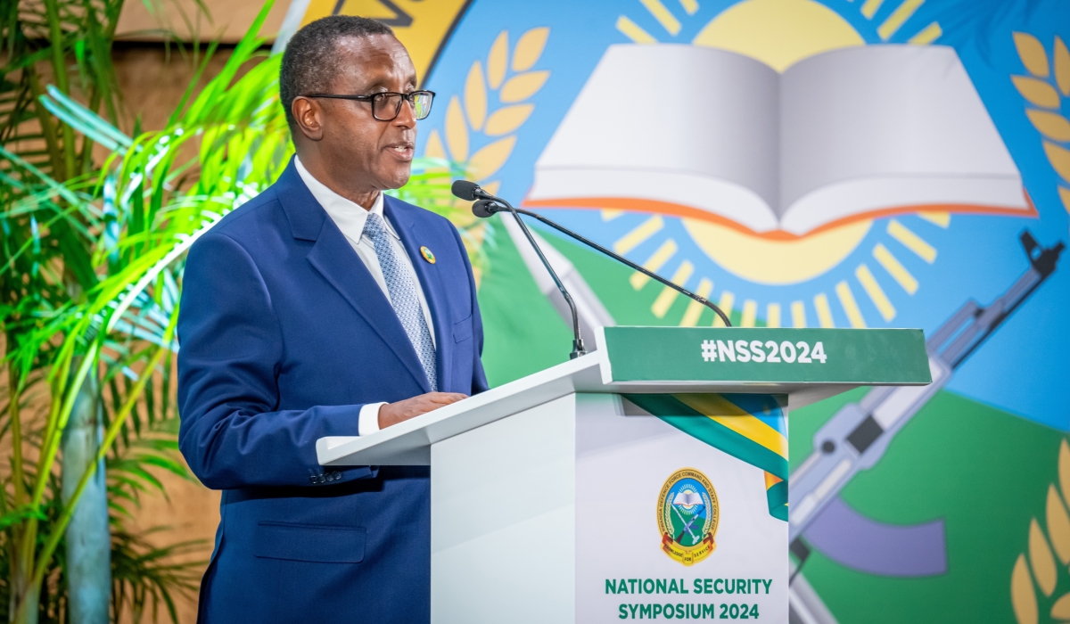Minister of Foreign Affairs Dr Vincent Biruta addresses participants during the National Security Symposium on Friday, May 24. Courtesy