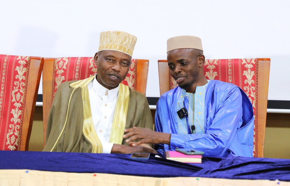The outgoing Mufti of Rwanda Sheikh Salim Hitimana (L) and his successor Sheikh Musa Sindayigaya during the election in Kigali on Sunday, May 26. Addressing Rwanda Muslim Community at the event Sheikh Sindayigaya pledged more development projects to pave the way for self-reliance. Photos by Craish Bahizi