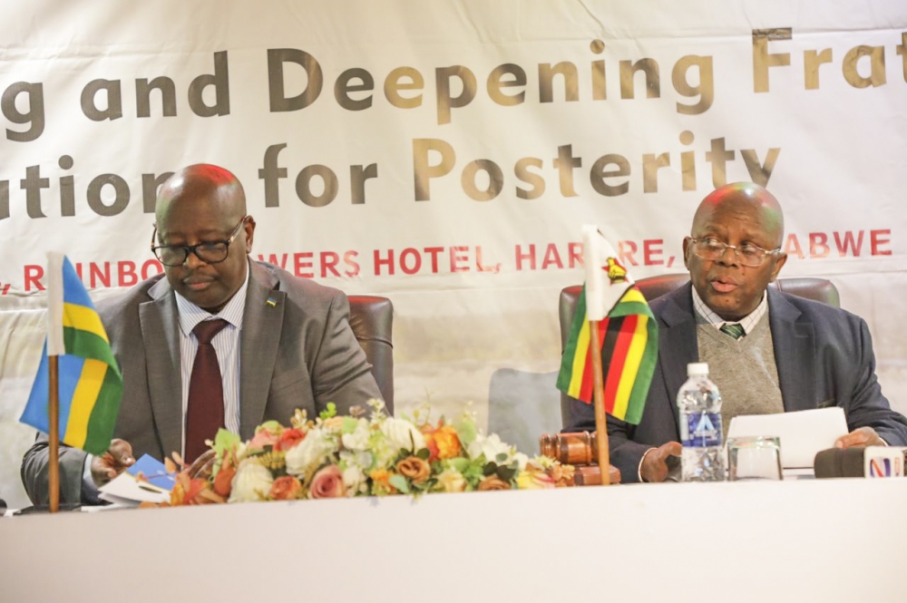 Zimbabwe’s ministry of foreign affairs permanent secretary Ambassador Albert Chimbindi and James Musoni, Rwanda amabassador at the 2nd session of the joint permanent commission on cooperation between two countries.
