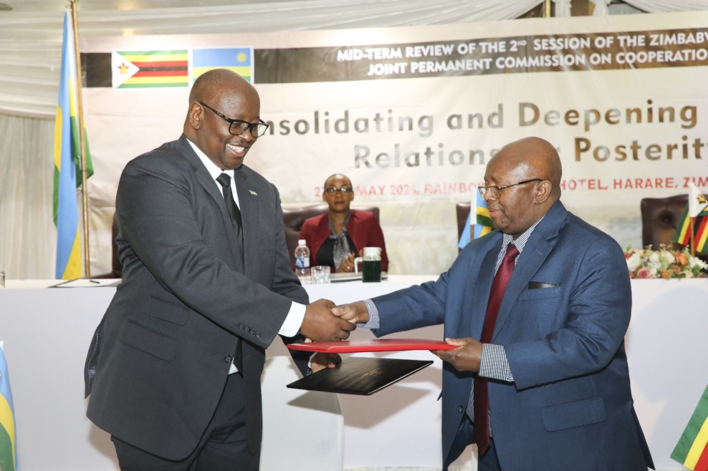 Amb James Musoni and Pearson Chigiji, Zimbabwe&#039;s Chief Director for Political Affairs in the foreign affairs ministry at a two-day mid-term session of the Zimbabwe-Rwanda Joint Permanent Commission on Cooperation.