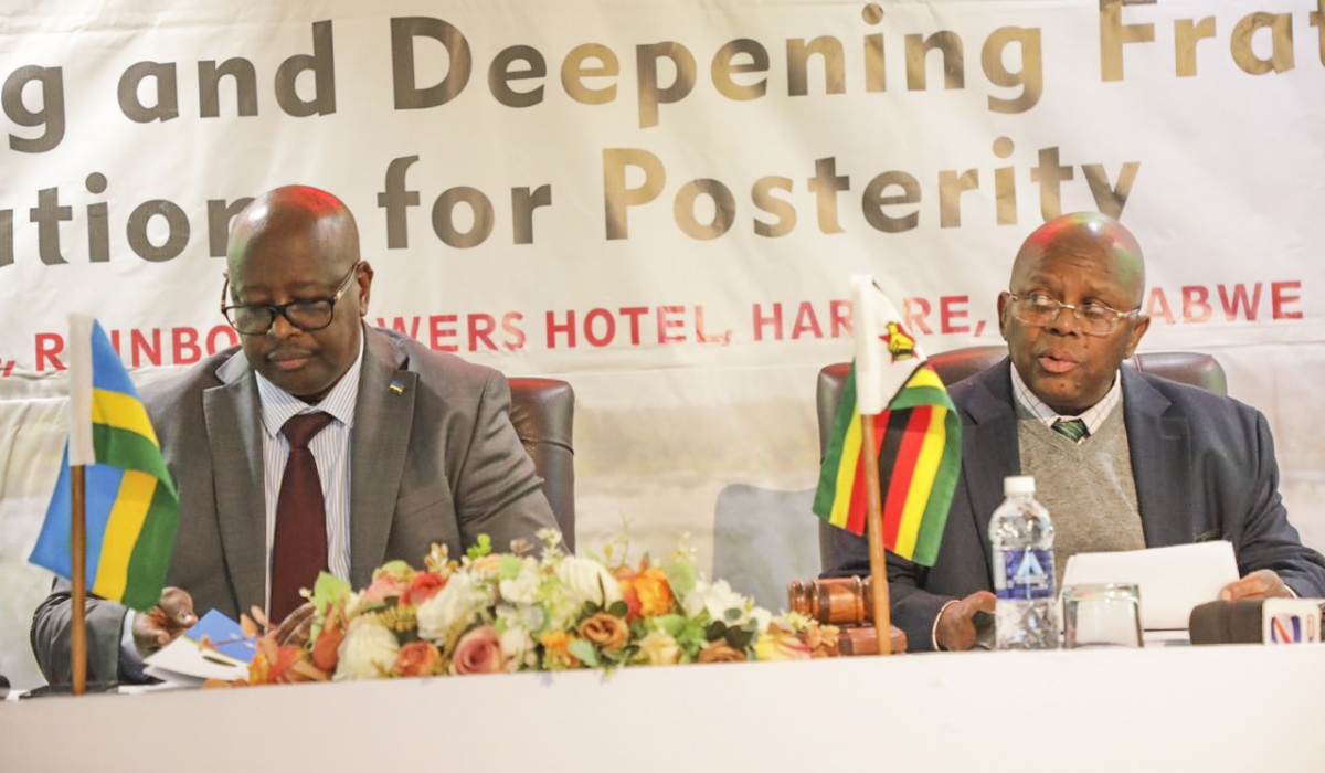 Zimbabwe’s ministry of foreign affairs permanent secretary Ambassador Albert Chimbindi and James Musoni, Rwanda amabassador at the 2nd session of the joint permanent commission on cooperation between two countries.