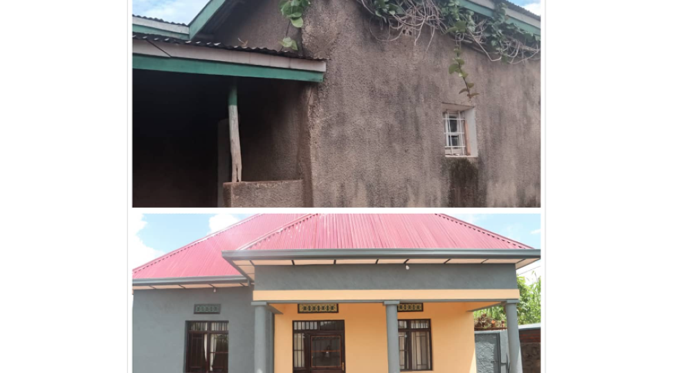 A picture showing Bernadette Mukamihigo&#039;s home before and after. Over 900 housing units have been built to provide shelter for the survivors in Rulindo but there is still a need to bridge the gap of over 700 housing units