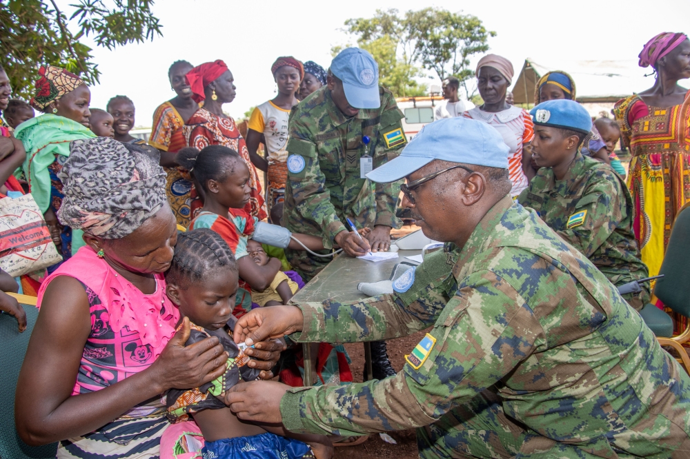 Rwandan peacekeepers conduct a free medical treatment exercise in Bria. The world marked the International Day of United Nations Peacekeepers, on Wednesday, May 29. Courtesy
