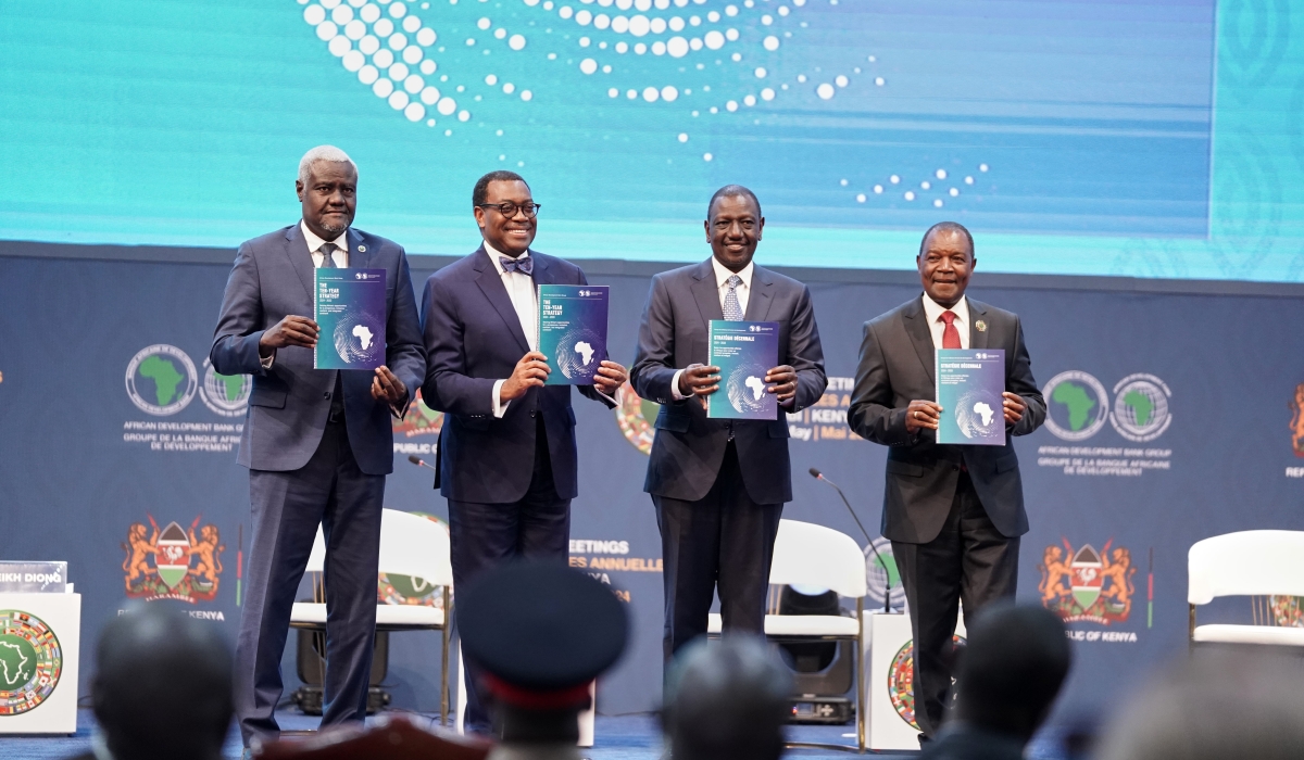 The African Union Commission Chairperson Moussa Faki Mahamat,  President of the AfDB Akinwumi Adesina, Kenya President William Ruto, and Prof Njuguna Ndung&#039;u, Cabinet Secretary for Treasury and Planning during the launch of AfDB’s new ten-year strategy (2024-2033), at the African Development Bank Annual Meeting in Nairobi, Kenya, on Thursday, May 30. Courtesy