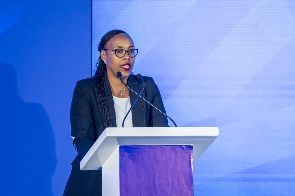 Sports minister Aurore Munyangaju speaking at the third BAL Innovation Summit on Thursday, May 30 in Kigali. Photo by Olivier Mugwiza