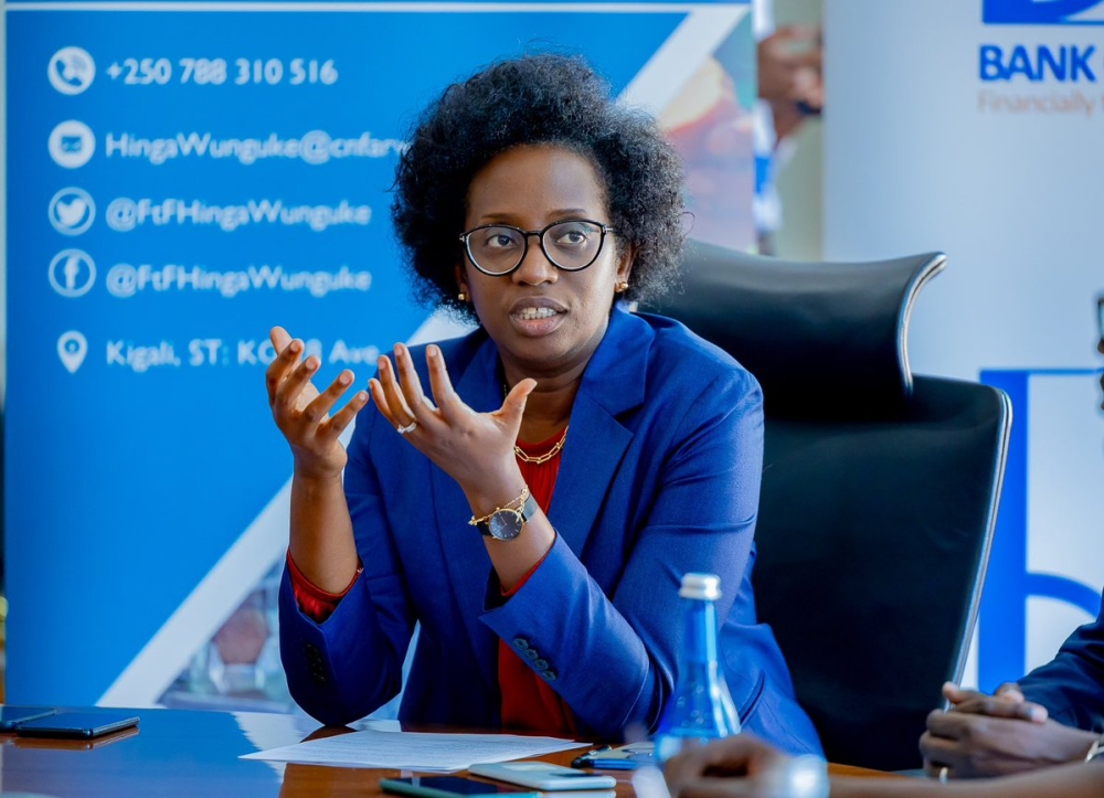 Bank of Kigali Chief Executive Officer Diane Karusisi addresses journalists. Courtesy