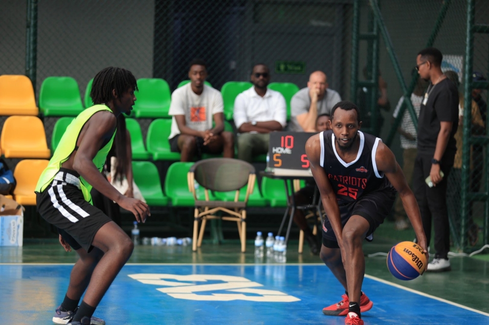 Patriots&#039; Steven Hagumintwari with a ball during Friday&#039;s 3x3 basketball clinic game at Kigali Universe. The clinic was organised by RwandAir in partnership with BAL-courtesy