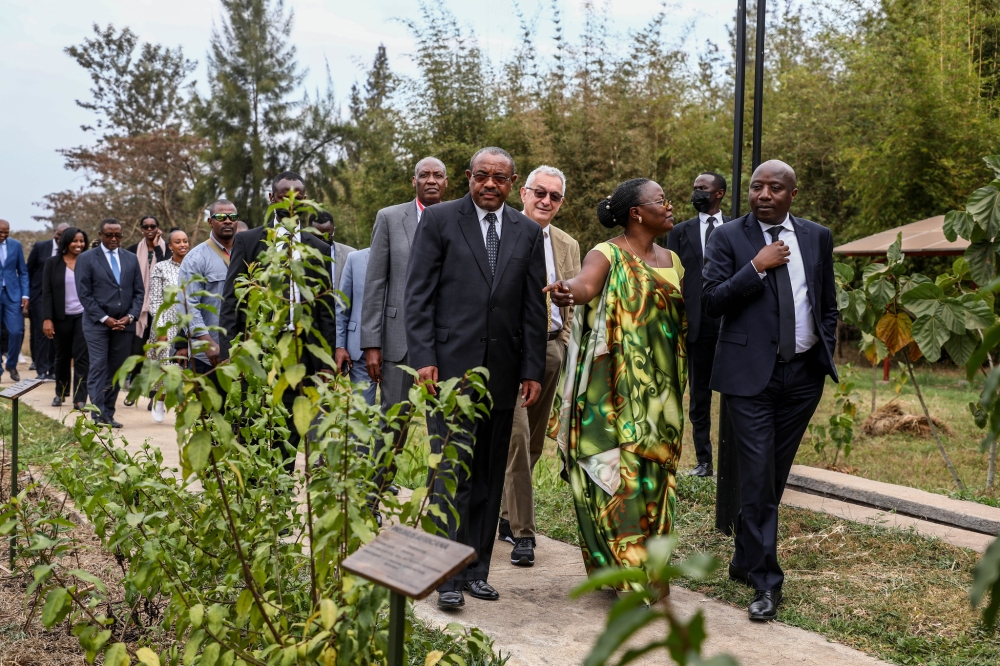 Prime Minister Edouard Ngirente and other dignitaries tour Nyandungu Eco-Tourism Park during the inauguration event on July 18, 2022. File