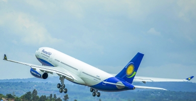 RwandAir&#039;s plane taking off at Kigali International Airport. According the prediction, the aviation industry is set to achieve record revenues in 2024, nearing the $1 trillion mark. Sam Ngendahimana