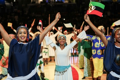 Inganzo Ngari dancers seen here carrying flags of countries which were represented at BAL 4 in Kigali-Photos by Dan Gatsinzi