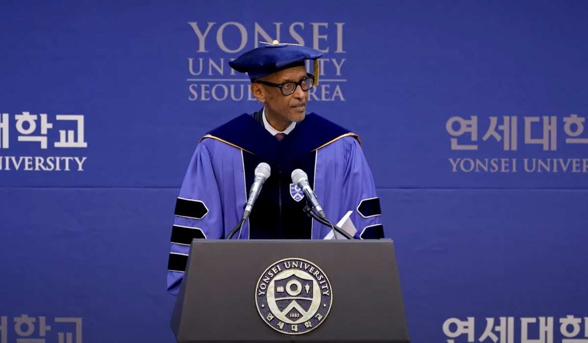 President Paul Kagame delivers remarks during the event in which he was presented with an Honorary Doctorate in public policy and management by Yonsei University, in  South Korea, on Wednesday, June 5.