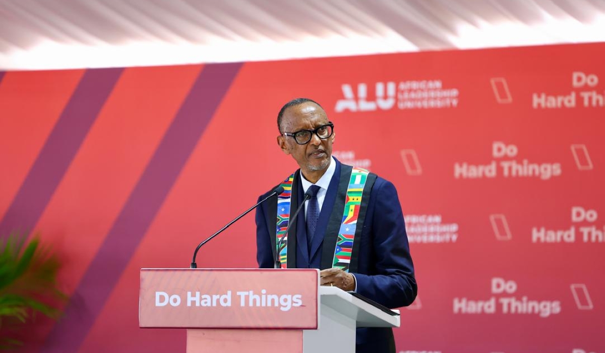 Kagame, who was honoured by ALU with the Award of Merit for Exemplary Entrepreneurial Leadership, speaks at the gradution ceremony at the ALU campus at Masoro, Kigali, on Friday, June 7.