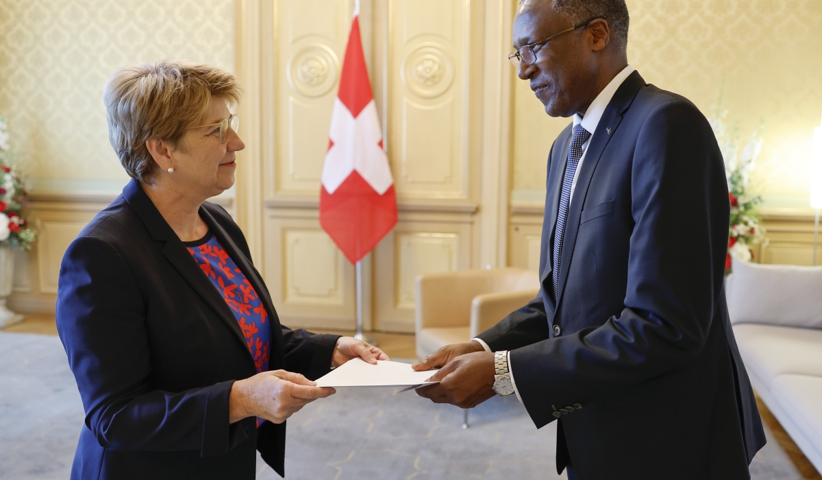 Rwanda’s Ambassador to Switzerland James Ngango  presents his letters of credence to President Viola Amherd on Tuesday, June 11. Courtesy
