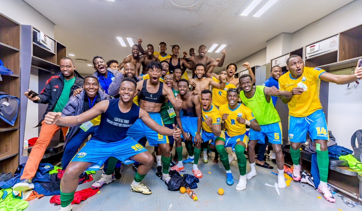 National football team players and staff celebrate a 1-0 win against Lesotho at Moses Mabhida Stadium in Durban, South Africa on Tuesday, June 11. Courtesy