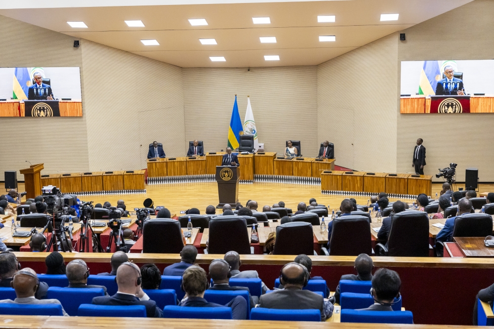 President Paul Kagame speaks during the swearing-in ceremony of the newly appointed government official, and dissolution of the Chamber of Deputies at parliament in Kigali  on June 14, Photo by Oliver Mugwiza