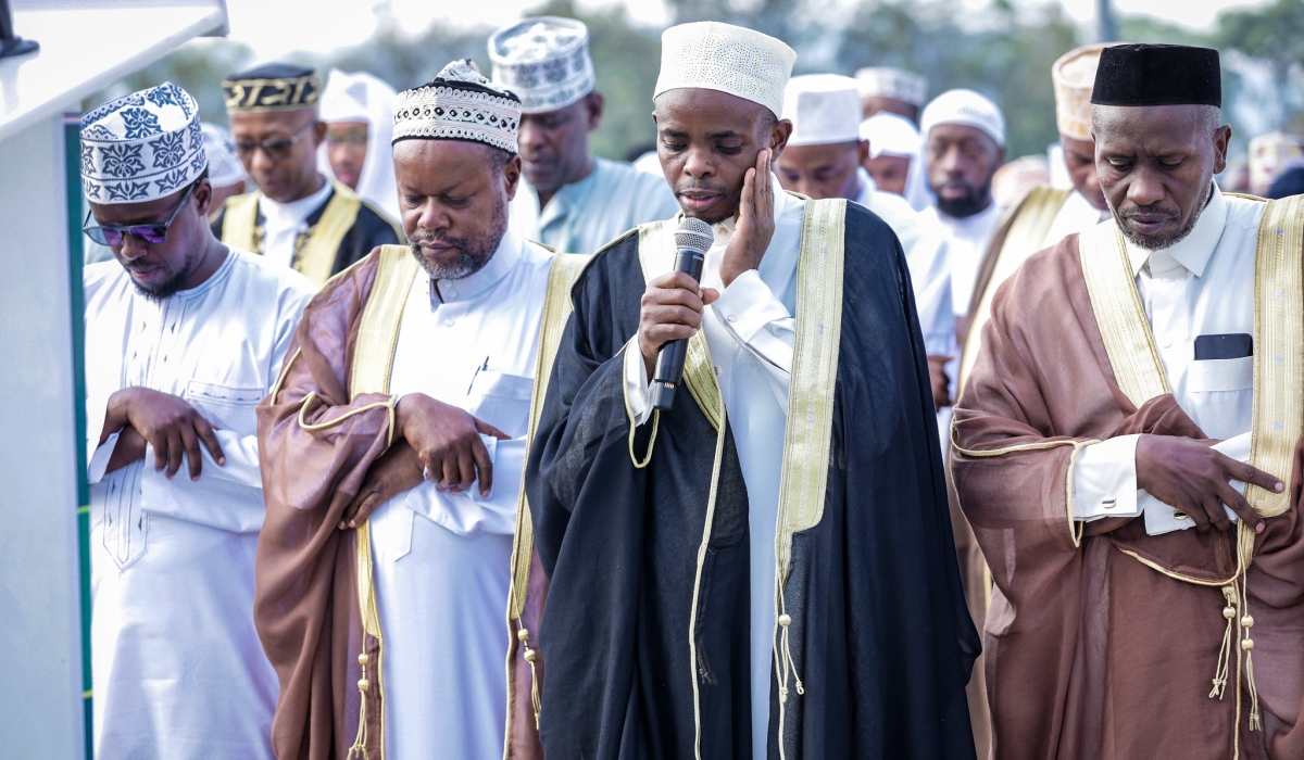 Mufti of Rwanda Musa Sindayigaya leads Muslims  to celebrate Eid al-Adha  at Kigali Pele Stadium in Nyamirambo on Sunday, June 16. All photos by Craish Bahizi
