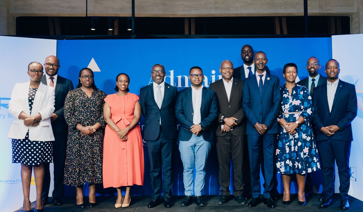 Delegates pose for a group photo at the Unveiling of Admaius&#039; Investment in Tres Infrastructures Ltd in Kigali. Courtesy