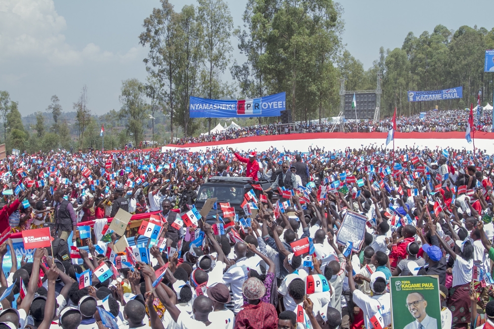 RPF Inkotanyi flag-bearer Paul Kagame during the campaign in Nyamasheke District in 2017. Political parties and independent candidates in different categories on Saturday, June 22 started a three-week long campaign trail. File