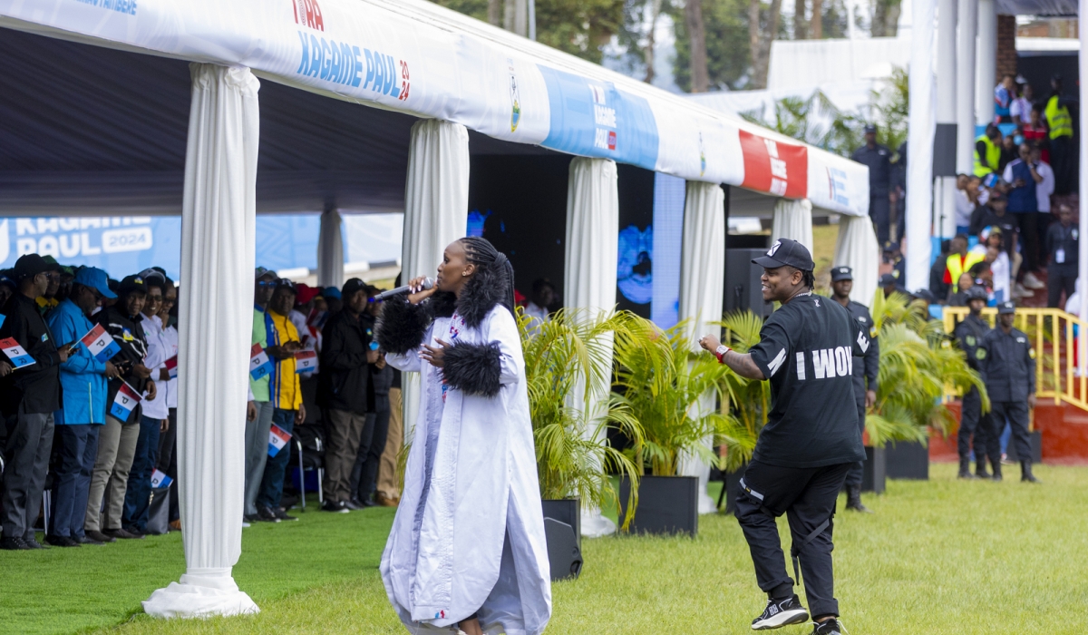 Bruce Melodie and Bwiza performing their campaign song &#039;Ogera&#039; supporting RPF-Inkotanyi candidtae Paul Kagame in Musanze District-Photo by Igihe