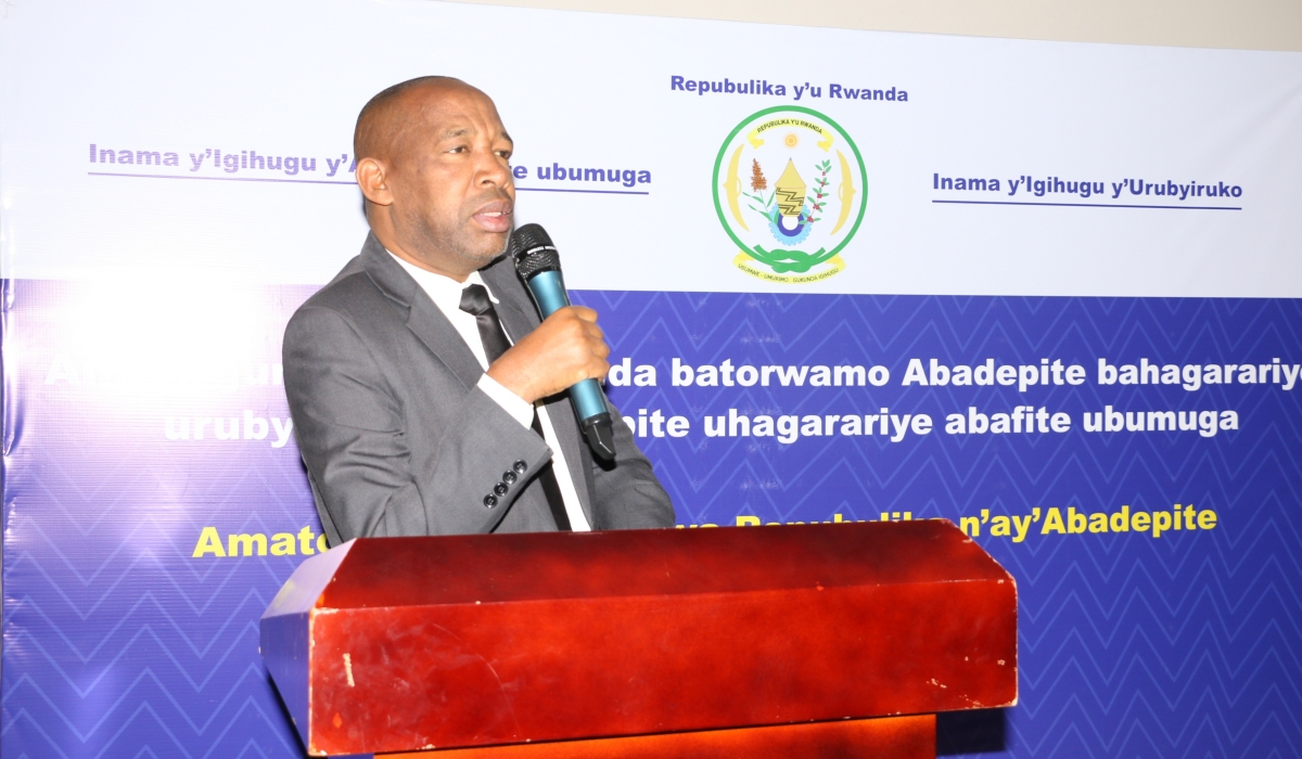 Emmanuel Ndayisaba, Executive Secretary of the National Council of People with Disabilities (NCPD) addresses first time voters during a meeting on June 20. Courtesy