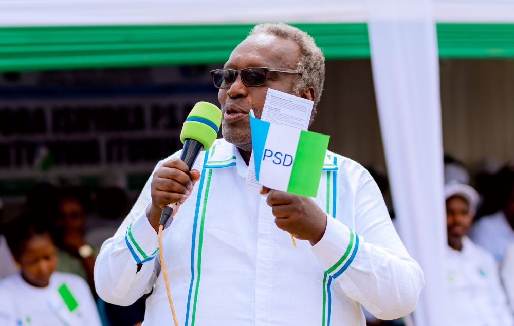 Senator Juvenal Nkusi, one of the founding members of PSD addresses members as  the Social Democratic Party  launched 
 the electoral campaigns in Nyamata Sector, Bugesera District on Saturday, June 22. Photos by Emmanuel Ntirenganya