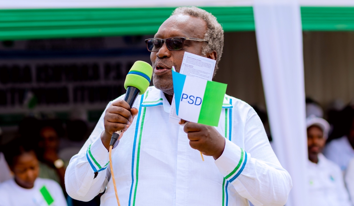 Senator Juvenal Nkusi, one of the founding members of PSD addresses members as  the Social Democratic Party  launched 
 the electoral campaigns in Nyamata Sector, Bugesera District on Saturday, June 22. Photos by Emmanuel Ntirenganya