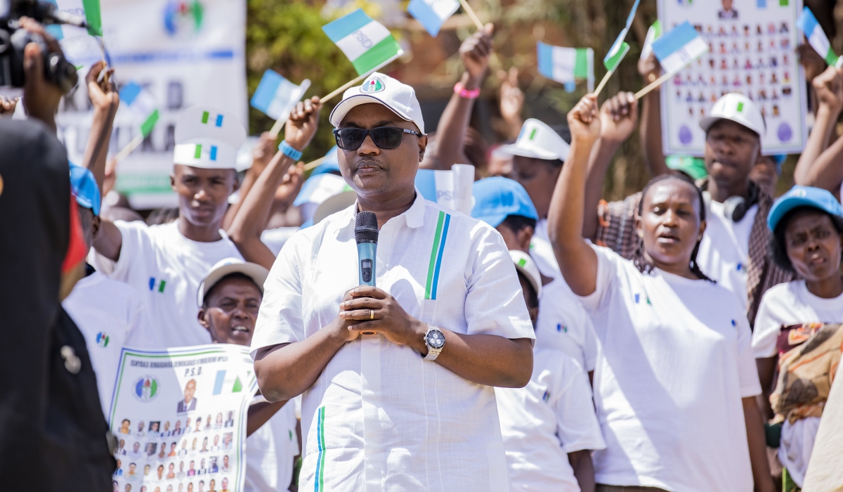 Jean Chrysostome Ngabitsinze, the party secretary general  addresses PSD members during  their campaign in the Gacurambwenge sector of Kamonyi district on Sunday, June 23. Emmanuel Dushimamana