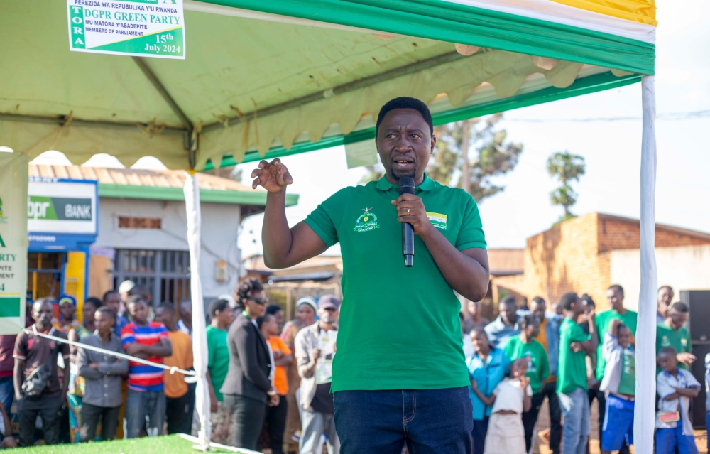 Frank Habineza, presented the Green party&#039;s agenda to the crowd, and pledged to remove the 30-day pre-trial detention if elected president