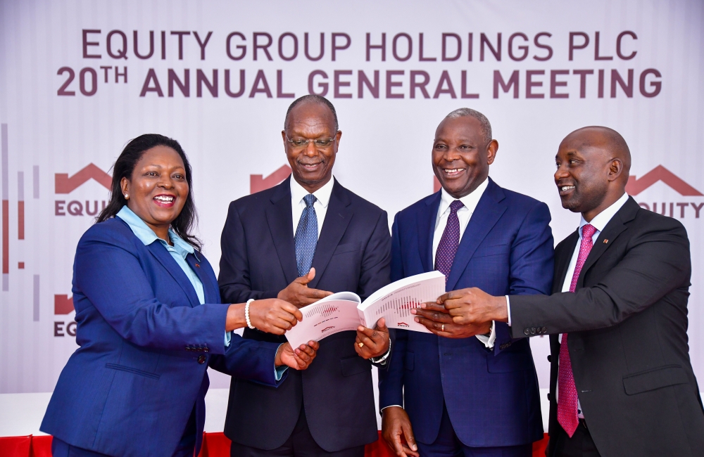 Equity Group Executive Director, Mary Wamae, Equity Group Chairman Prof. Isaac Macharia, Equity Group Managing Director and CEO Dr. James Mwangi, and Equity Group Chief Operating Officer, Samwel Kirubi during the Group’s 20th Annual General Meeting.