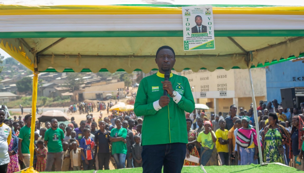 The chairperson and presidential candidate of the Democratic Green Party of Rwanda, Frank Habineza, addresses Nyanza residents on Tuesday, June 27. Courtesy