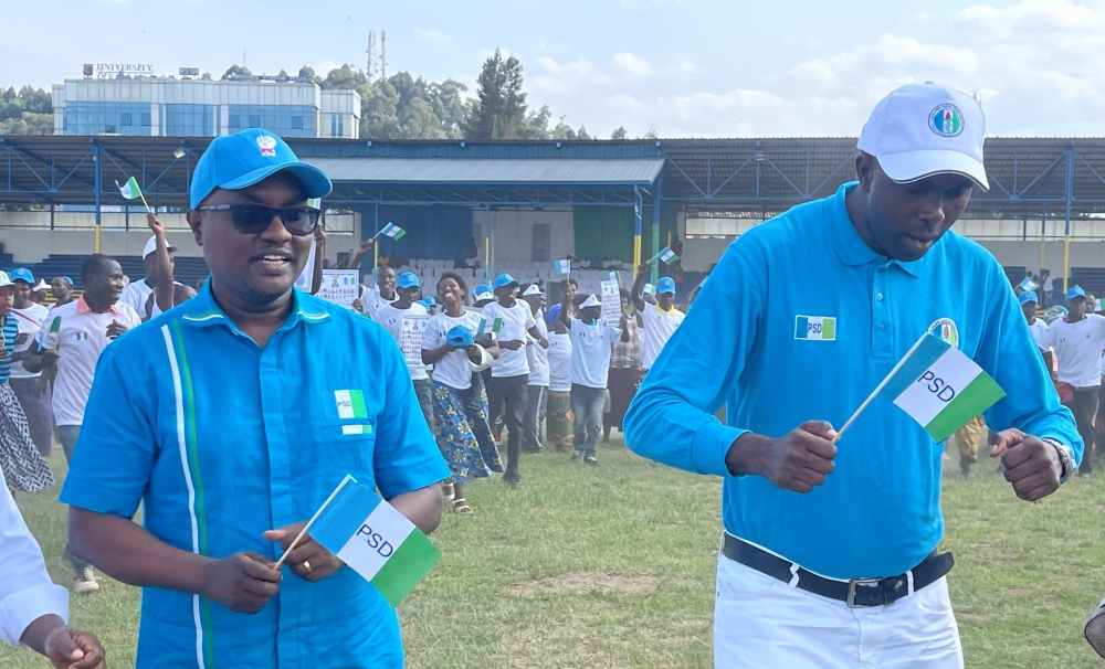 PSD Secretary-General Jean-Chrysostome Ngabitsinze and PSD first vice-president Valens Muhakwaduring the campaign in Musanze on Saturday, June 29.  Emmanuel Ntirenganya