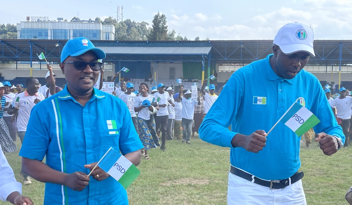 PSD Secretary-General Jean-Chrysostome Ngabitsinze and PSD first vice-president Valens Muhakwaduring the campaign in Musanze on Saturday, June 29.  Emmanuel Ntirenganya