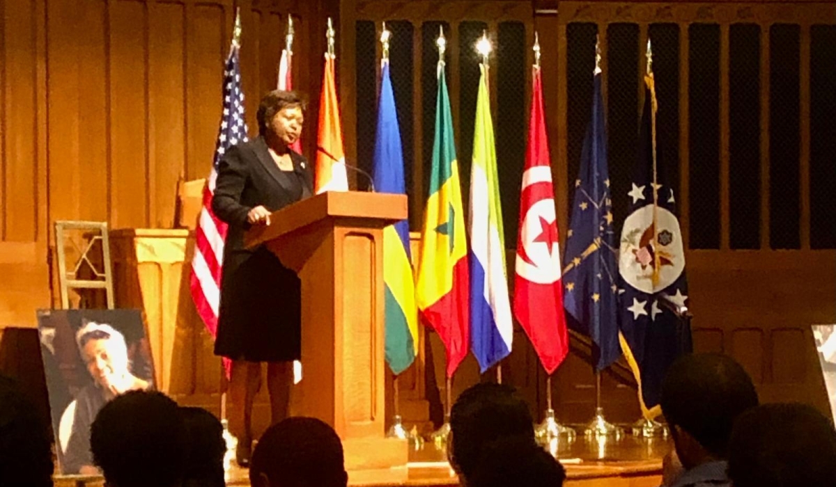 Mathilde Mukantabana, the Ambassador of Rwanda to the US speaks during the event to pay tribute to Ambassador Cynthia Shepard Perry, who served as the Honorary Consul of Rwanda in Houston, Texas. Courtesy