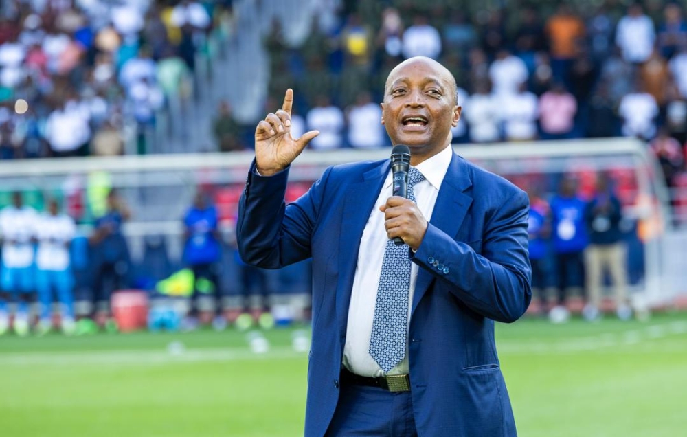 CAF President Patrice Motsepe addresses thousands of people who attended the inaugural match between APR FC and Police FC