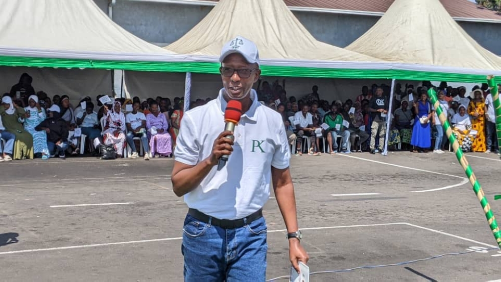 PDI President Mussa Fazil Harerimana addressing a campaign rally on Monday, July 1, at Umuganda Stadium in Rubavu District.