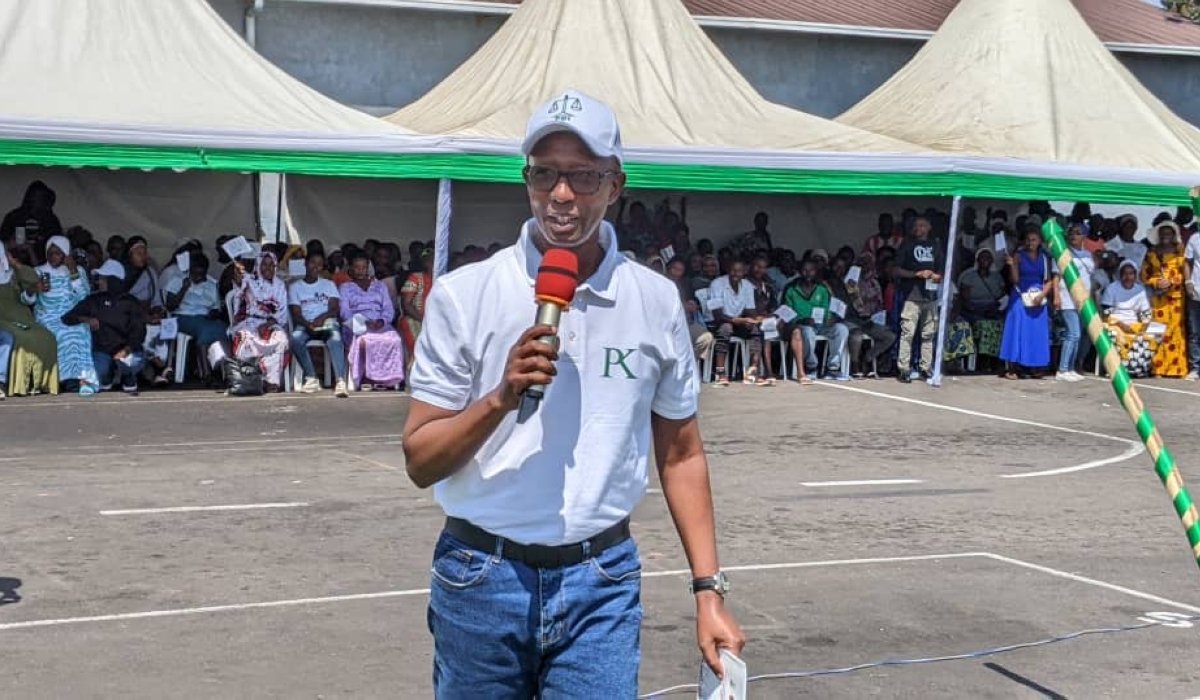 PDI President Mussa Fazil Harerimana addressing a campaign rally on Monday, July 1, at Umuganda Stadium in Rubavu District.