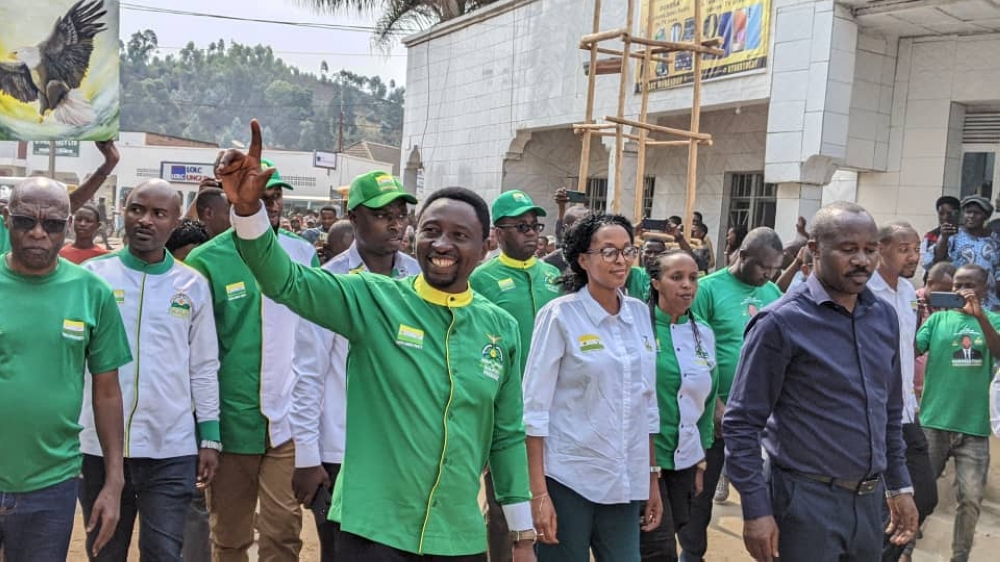 Presidential candidate of the Democratic Green Party of Rwanda, Frank Habineza, addressing the campaign rally in Mahoko trading center, Rubavu district. PHOTOS BY GERMAIN NSANZIMANA