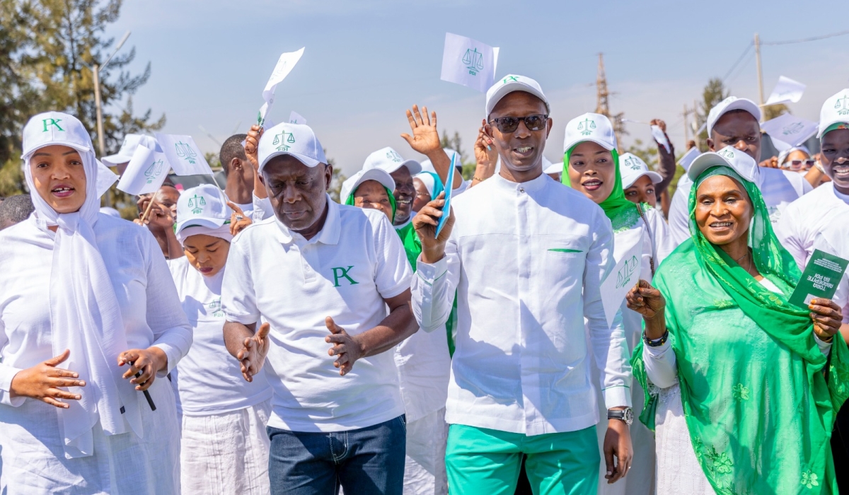 President of the Ideal Democratic Party (PDI), Mussa Fazil Harerimana and members during the campaign on Wednesday July 3. Courtesy